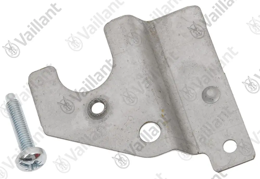 Vaillant Halter aus Metall mit zwei Bohrungen, einer Aussparung und einer Schraube, geeignet für Pumpenanwendungen.